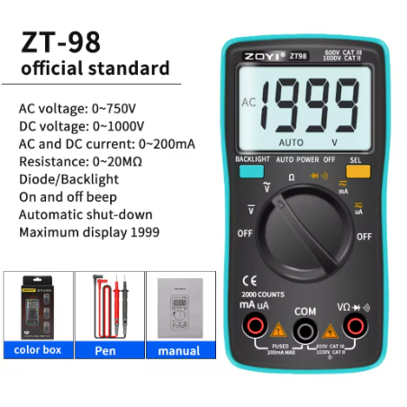 ZT98  Multimètre Numérique Auto-Gamme NCV AC/DC Tension Électronique Mètre Voiture