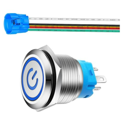 Interrupteur à bascule en acier inoxydable de 22 mm  220V 230V 3A Étanche  Avec prise de câble (LED bleue)