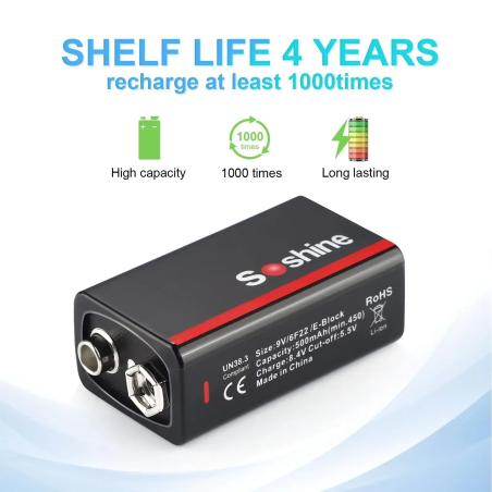 Batterie lithium-ion USB type c Soshine 9 V 500 mAh (Batterie rechargeable)