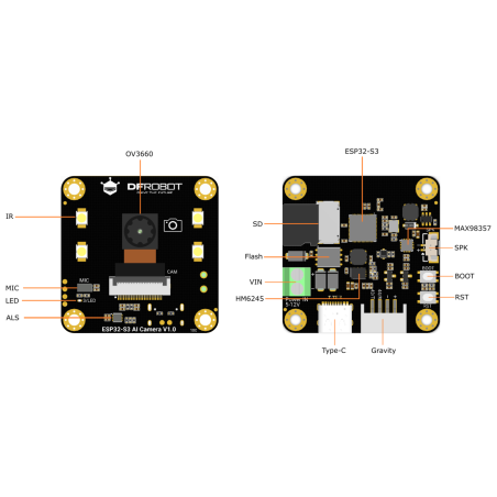 ESP32-S3 AI Camera Module (Edge Image Recognition, Night Vision, ChatGPT et Voice Interaction) DFR1154