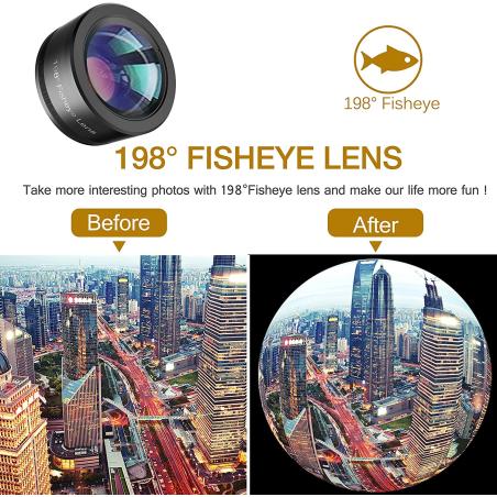 kit d'objectif pour téléphone 3 en 1 amélioré - objectif Fisheye 198 ° + objectif macro + objectif grand angle 120 °